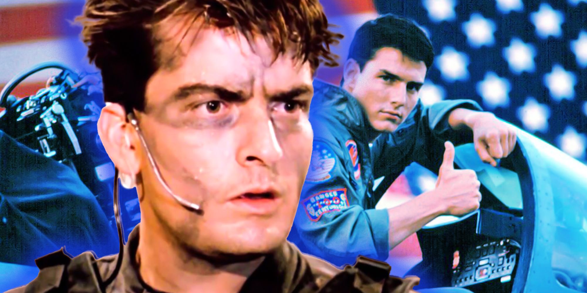Charlie Sheen in Navy Seals with Tom Cruise giving a thumbs up in Top Gun