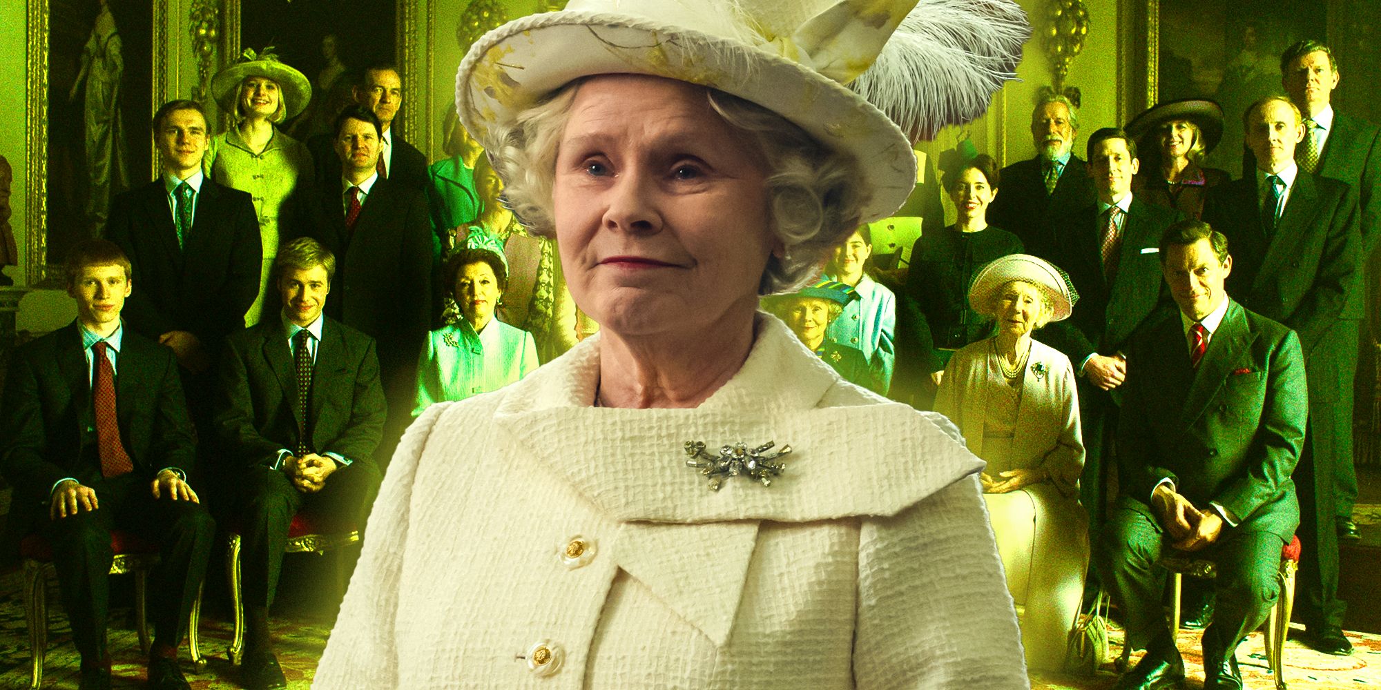 Imelda Staunton as Queen Elizabeth II in the center with The Crown season 6 part 2's royal family in the background