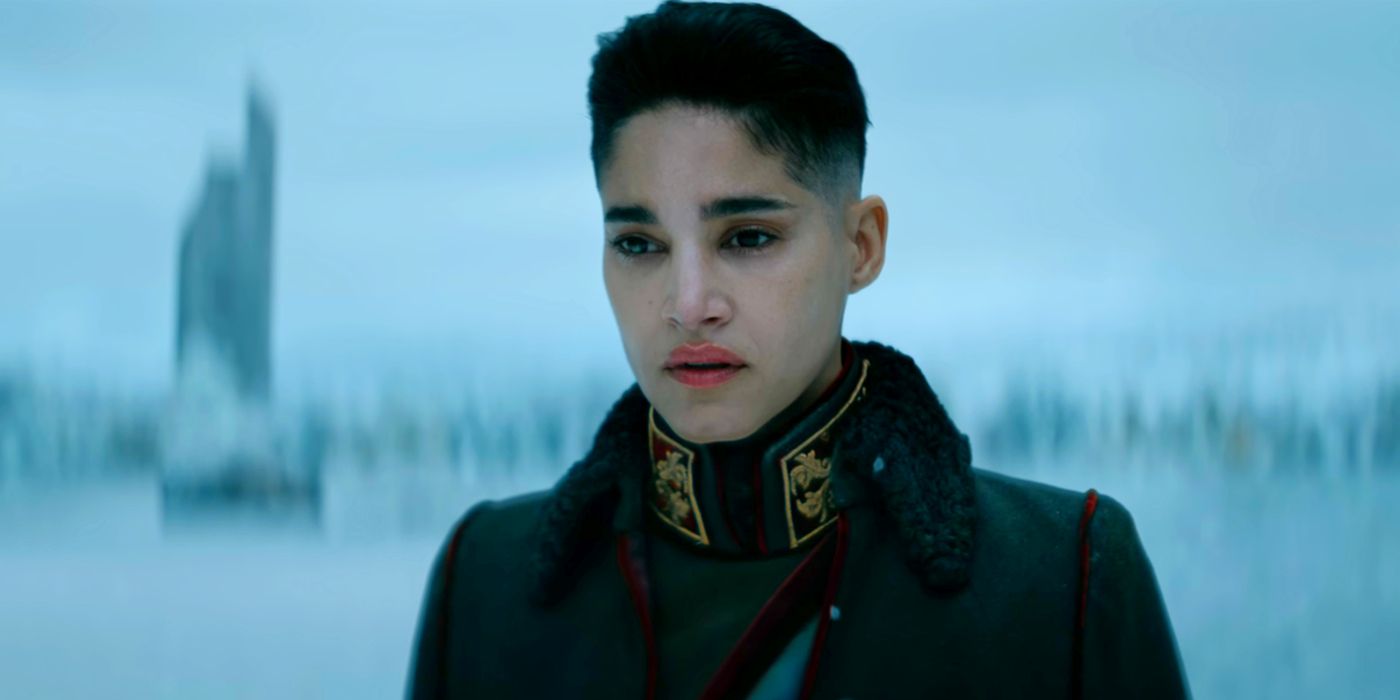 Sofia Boutella as Kora with Short Hair Wearing an Imperium Uniform in the Snow in Rebel Moon Part One A Child of Fire
