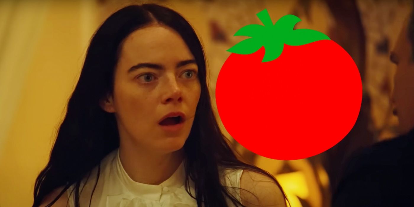 Emma Stone as Bella Baxter in Poor Things next to a fresh ripe tomato