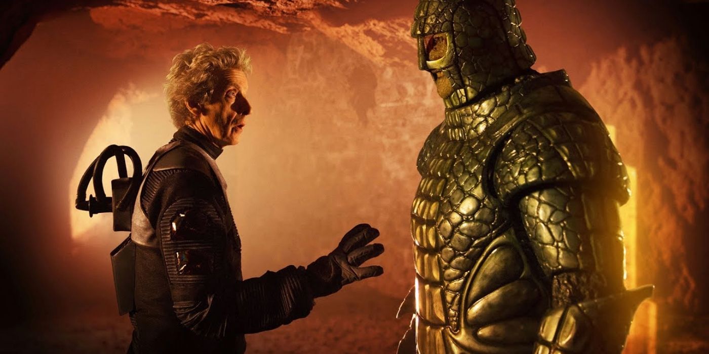Peter Capaldi as the Twelfth Doctor confronting an Ice Warrior in Doctor Who