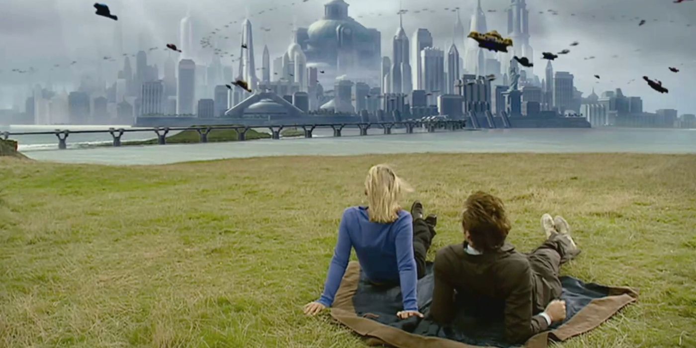 Tenth Doctor and Rose look at the New New York skyline in the Doctor Who episode New Earth