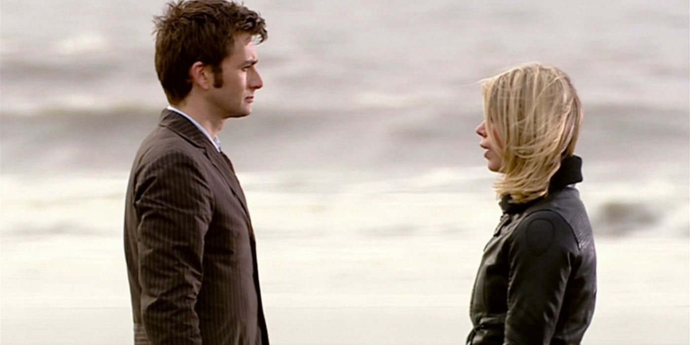 The Tenth Doctor and Rose saying goodbye on Bad Wolf Bay in the Doctor Who episode Doomsday