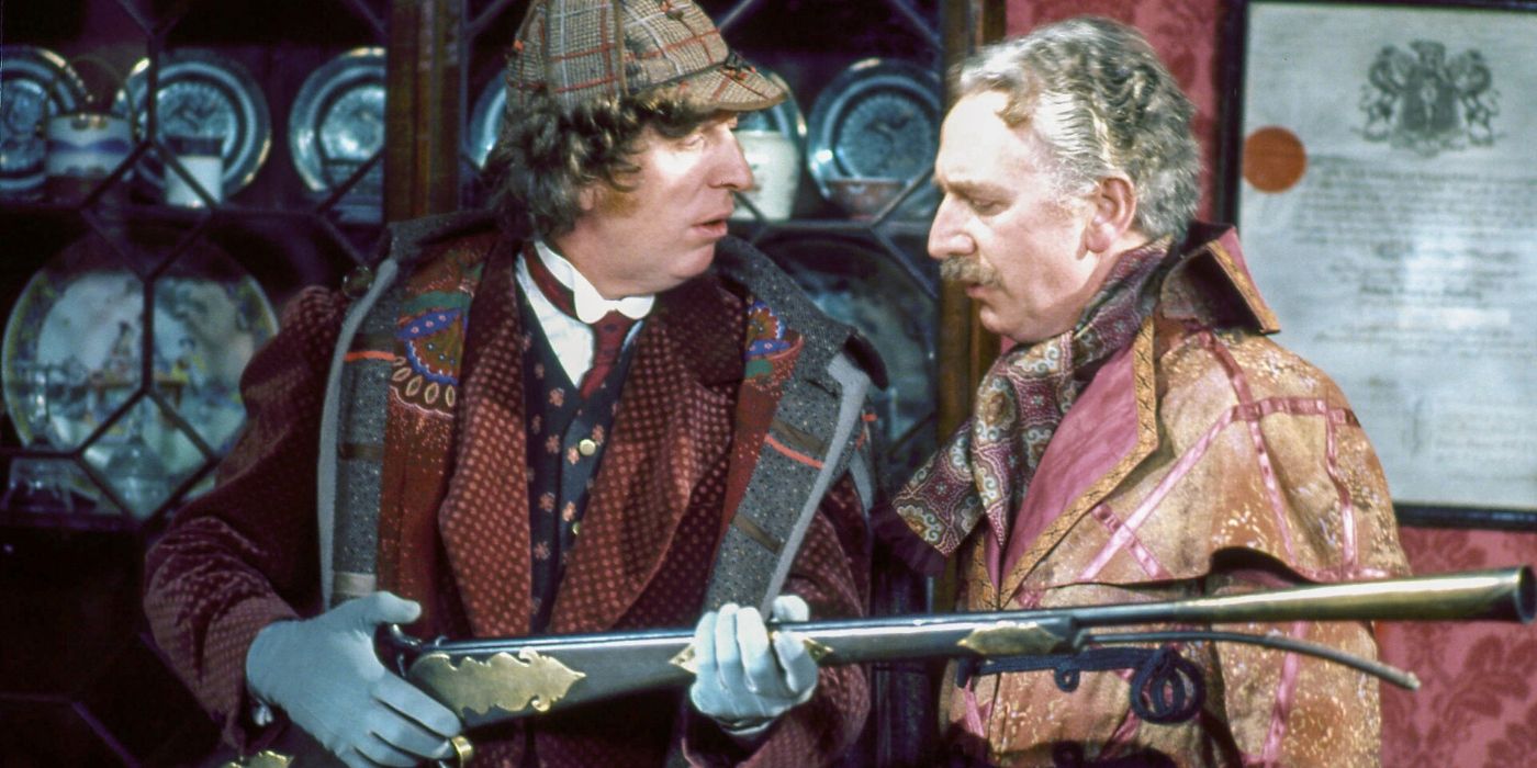 The Fourth Doctor and George Litefoot with a fowling gun in the Doctor Who serial The Talons Of Weng-Chiang.