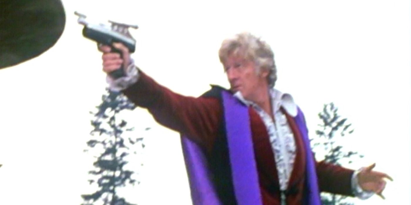 Jon Pertwee as The Third Doctor holding the Ultrasonic Disintegrator in the Doctor Who serial Day of the Daleks