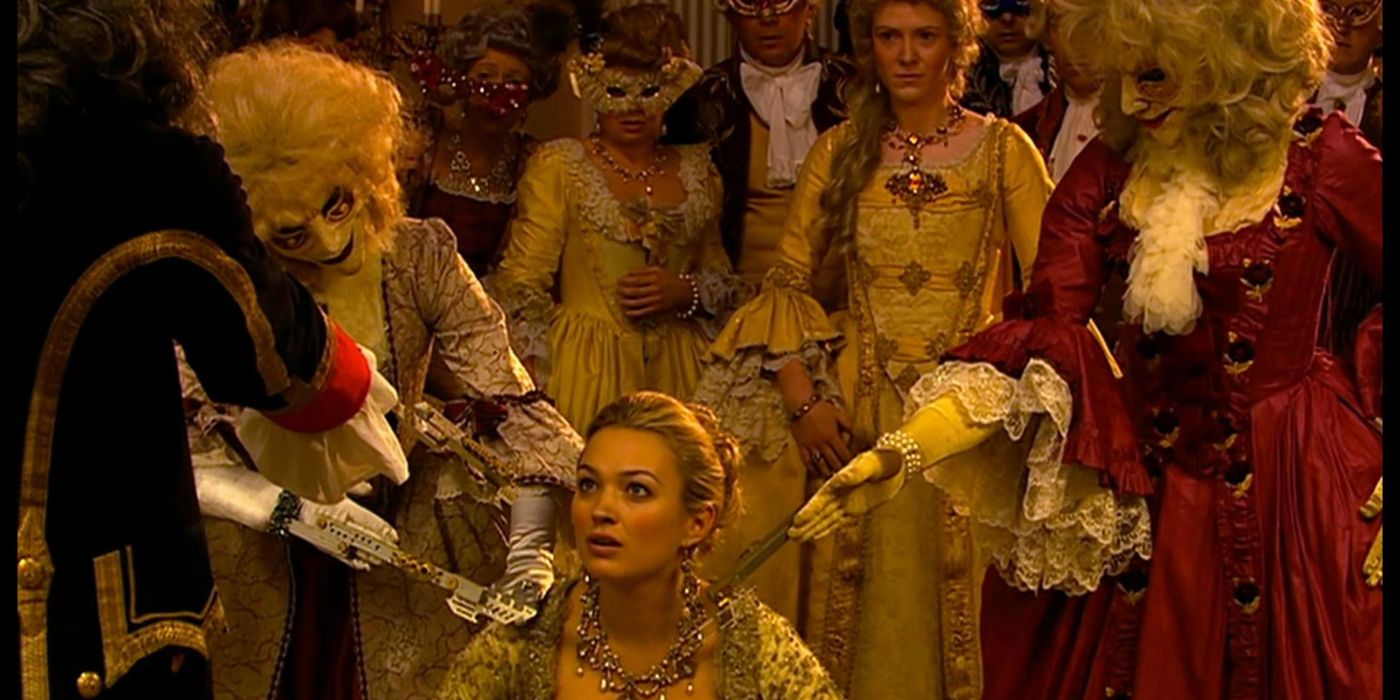 The clockwork droids threatening a knelt Madame de Pompadour in Doctor Who.