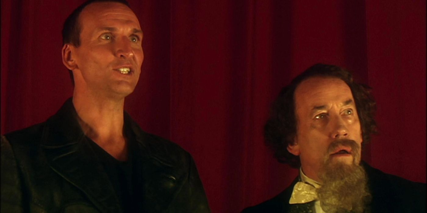 The 9th Doctor and Charles Dickens in the Doctor Who episode The Unquiet Dead