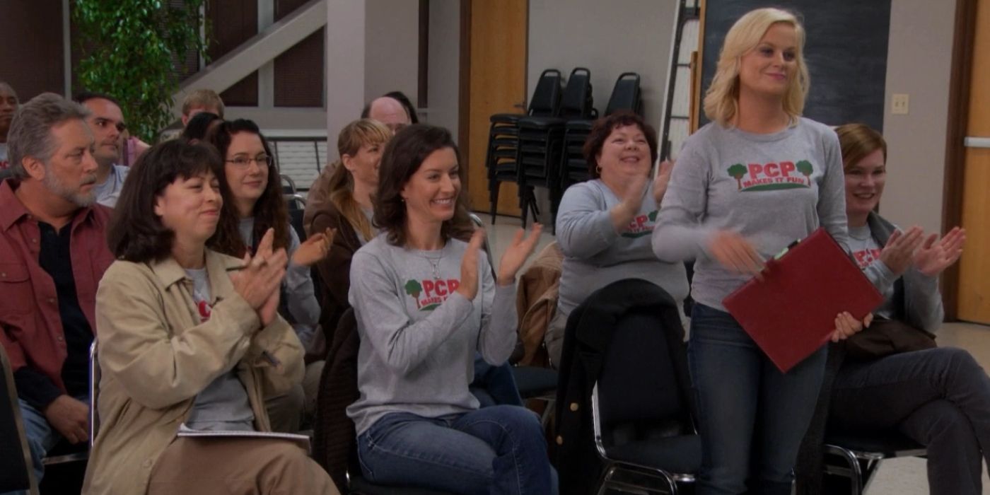 Leslie Knope with the Parks Committee of Pawnee