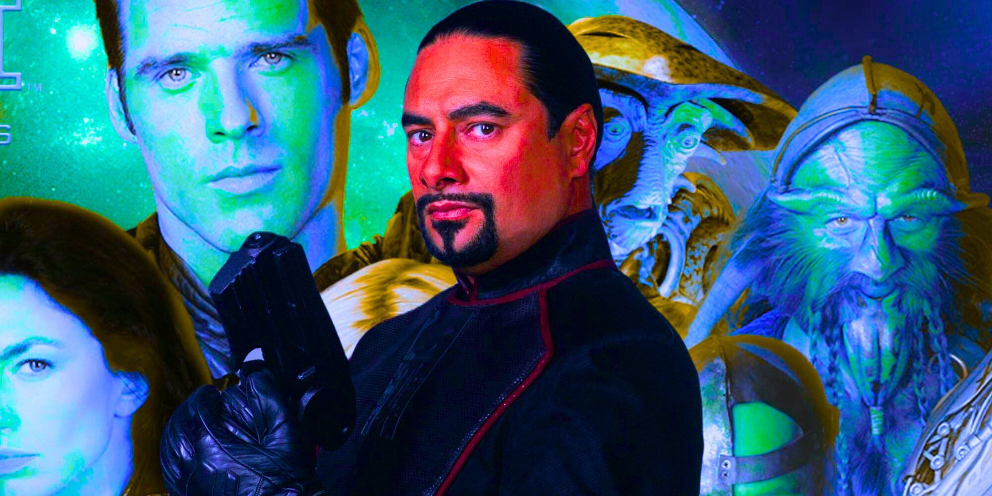 Lani Tupu as Captain Bialar Crais against a backdrop of other Farscape Characters