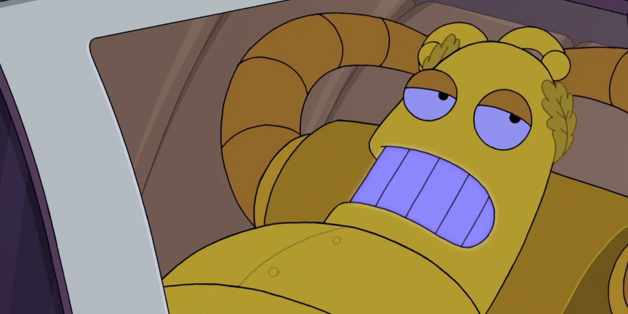 Hedonismbot from Futurama looking relaxed in the back seat of a car