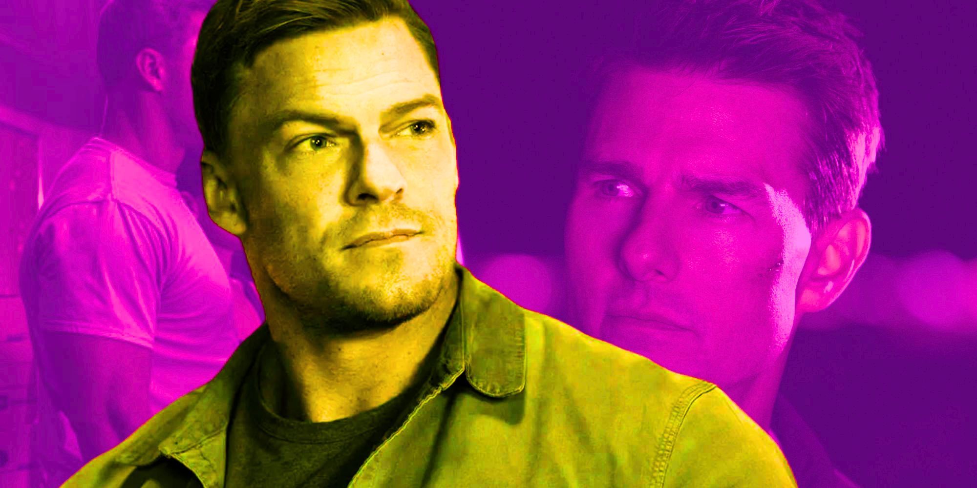 A blended image of Alan Ritchson and Tom Cruise as their versions of Jack Reacher