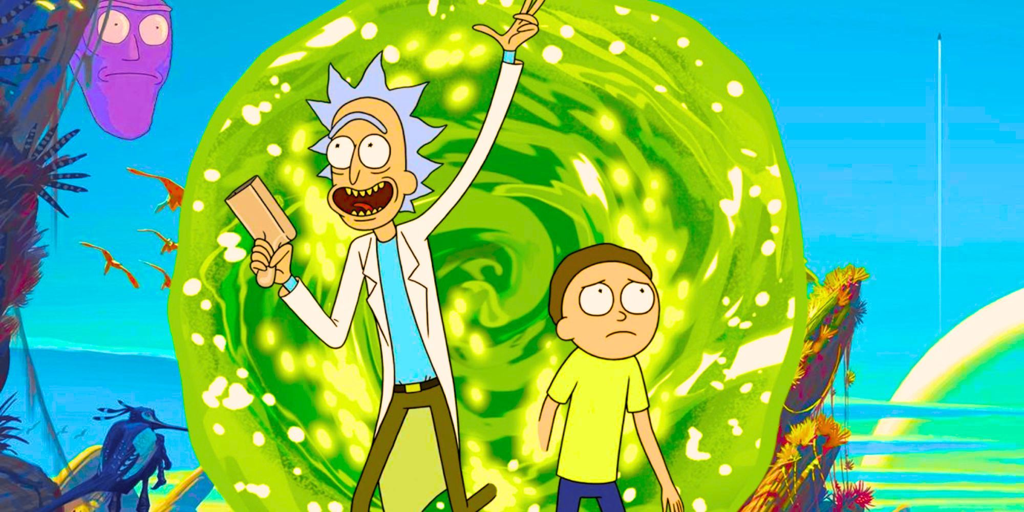 Rick and Morty stepping out of a portal, but Rick is celebrating and Morty looks worried