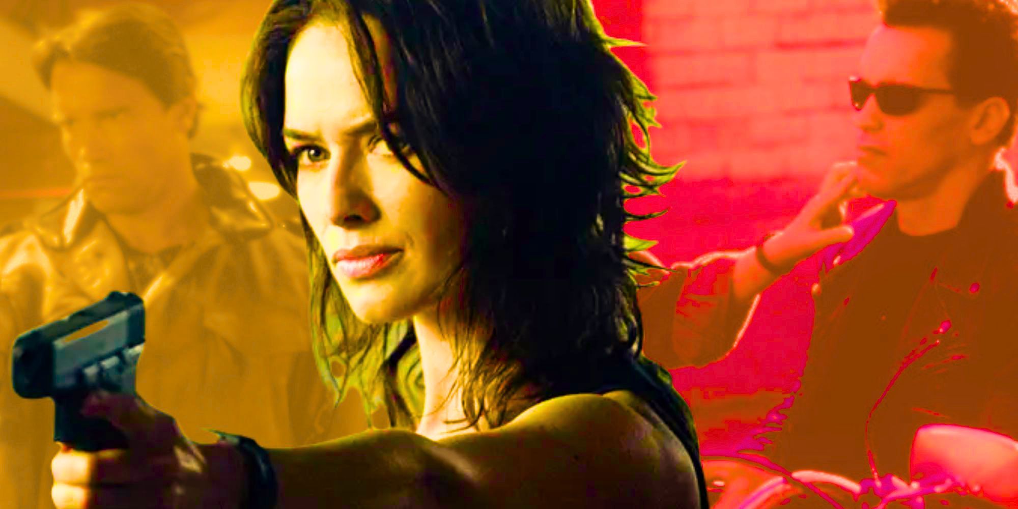 Lena Headey as Sarah Connor from the Sarah Connor Chronicles against a blending backdrop from Terminator movies