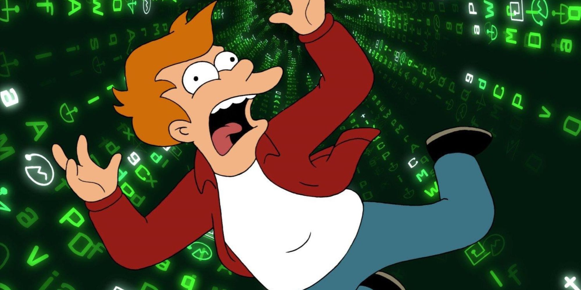 Fry from Futurama falling through a black and green digital setting that looks like The Matrix