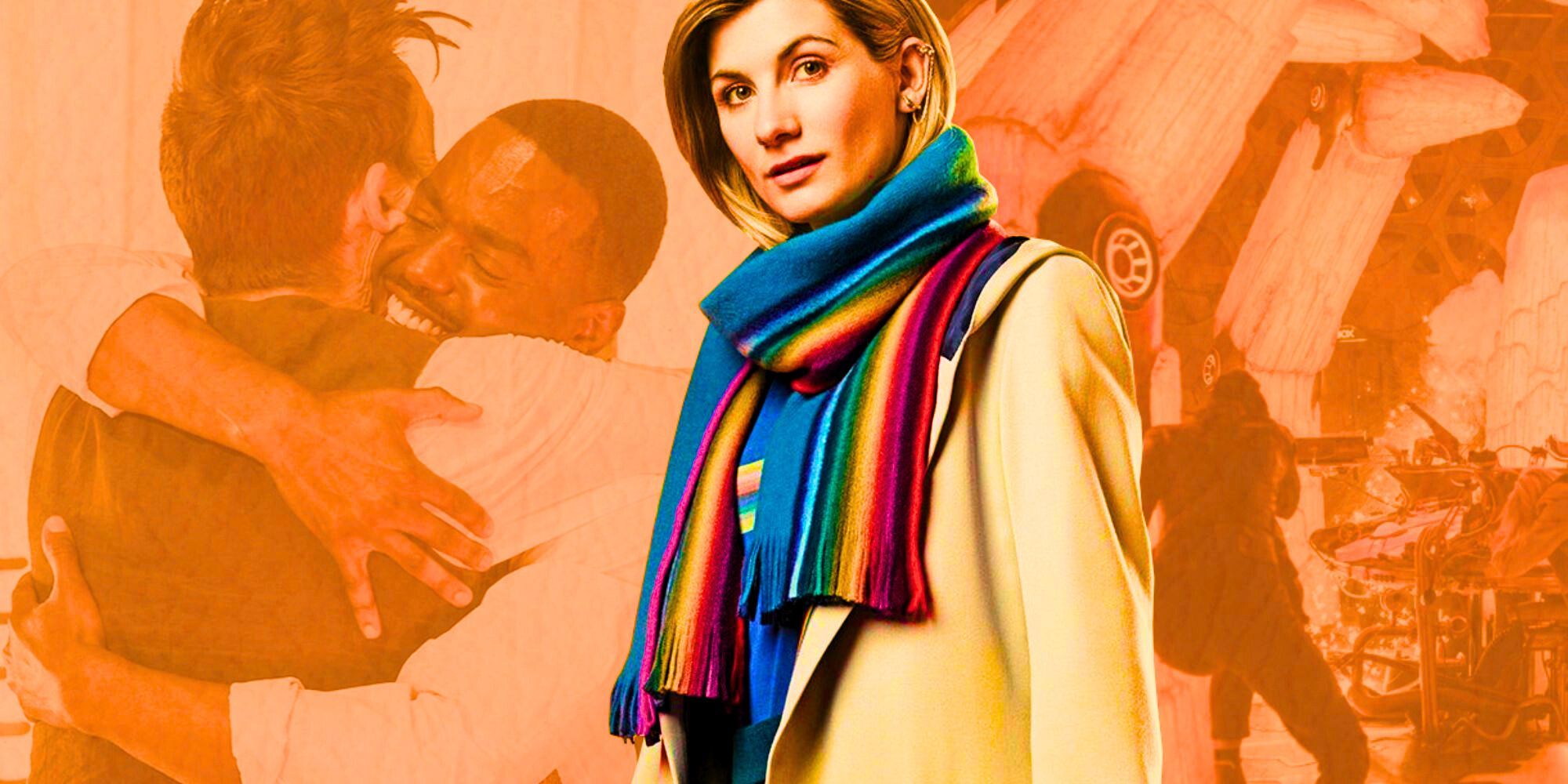 Jodie Whittaker as the Thirteenth Doctor against a blended backdrop of Doctor Who imagery