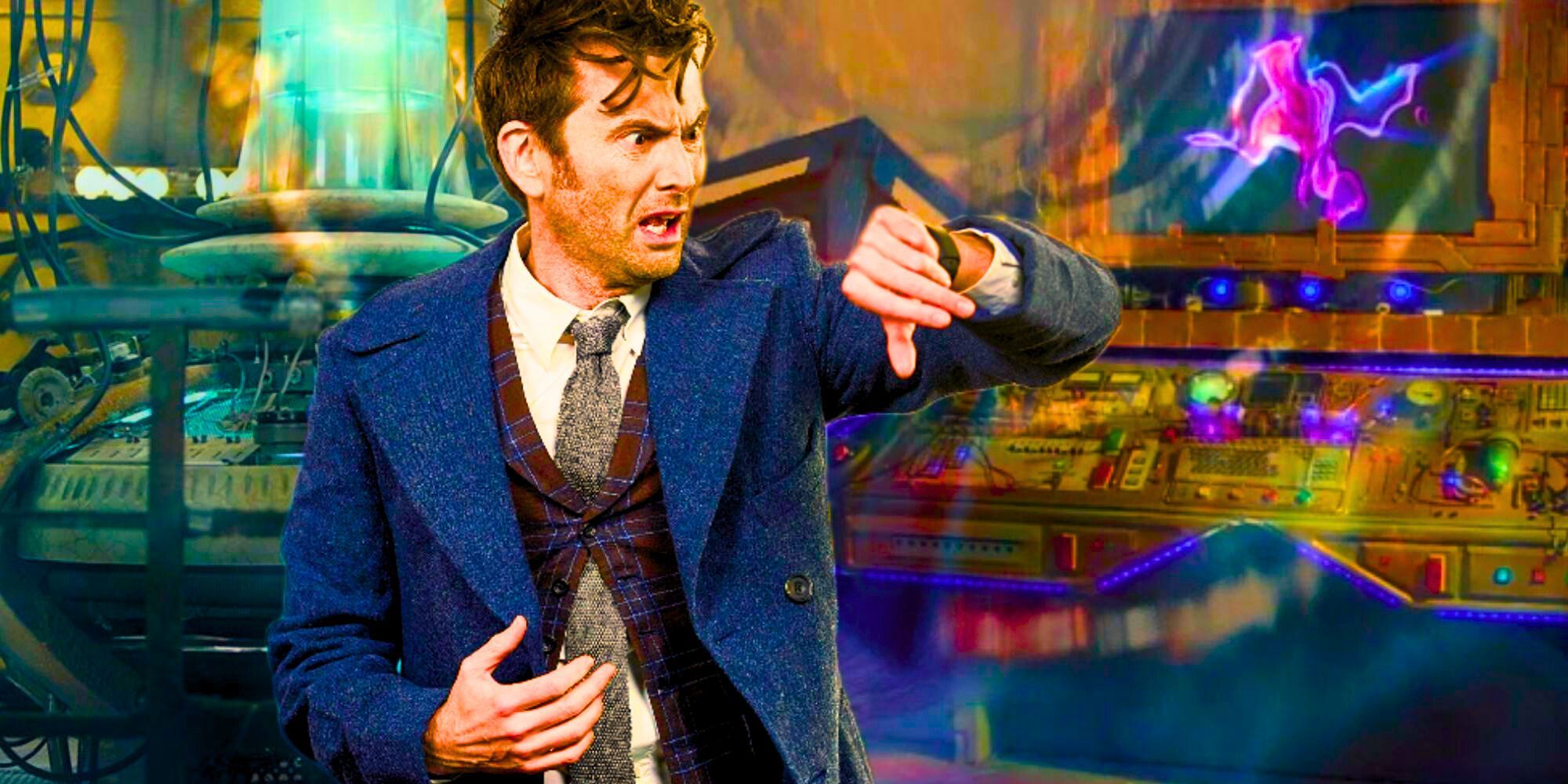 O Décimo Quarto Doutor de David Tennant verificando seu relógio e parecendo confuso contra um cenário misto de Doctor Who