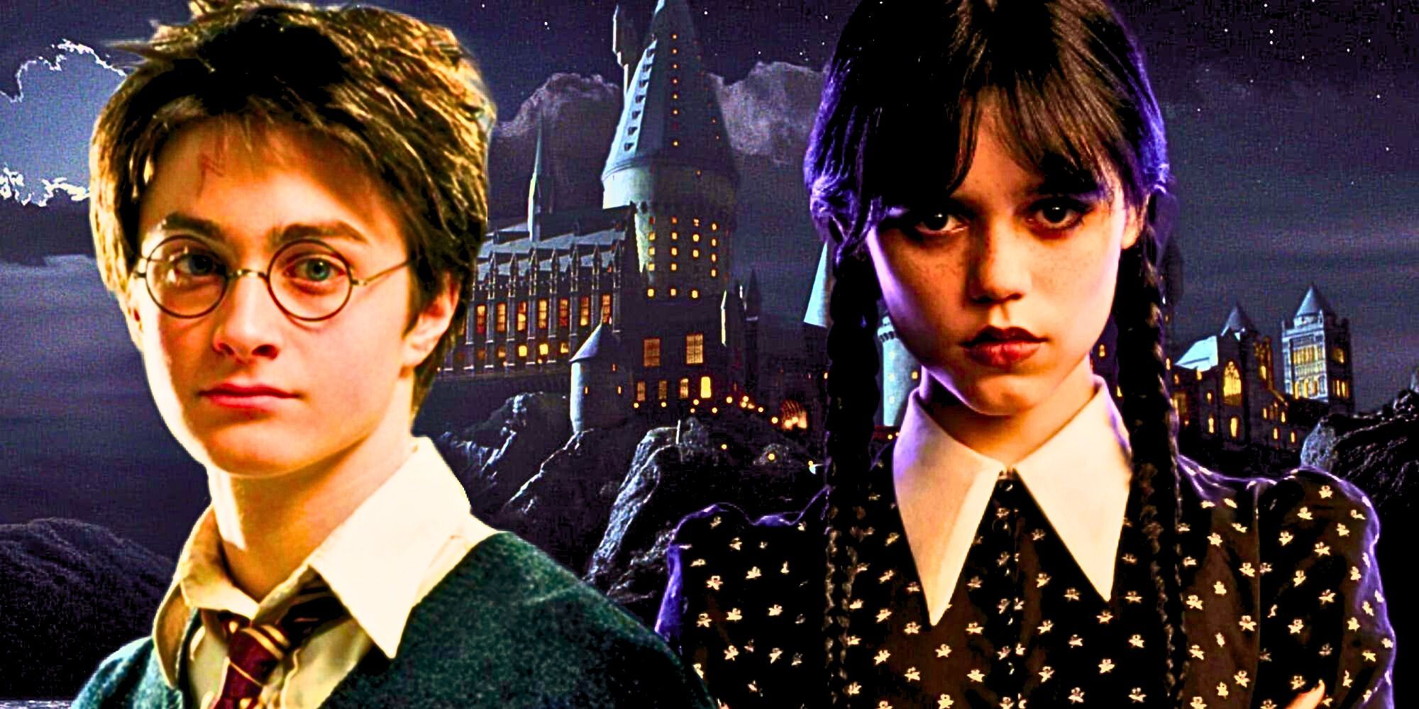 Images of Daniel Radcliffe as Harry Potter and Jenna Ortega as Wednesday Addams against Hogwarts Castle