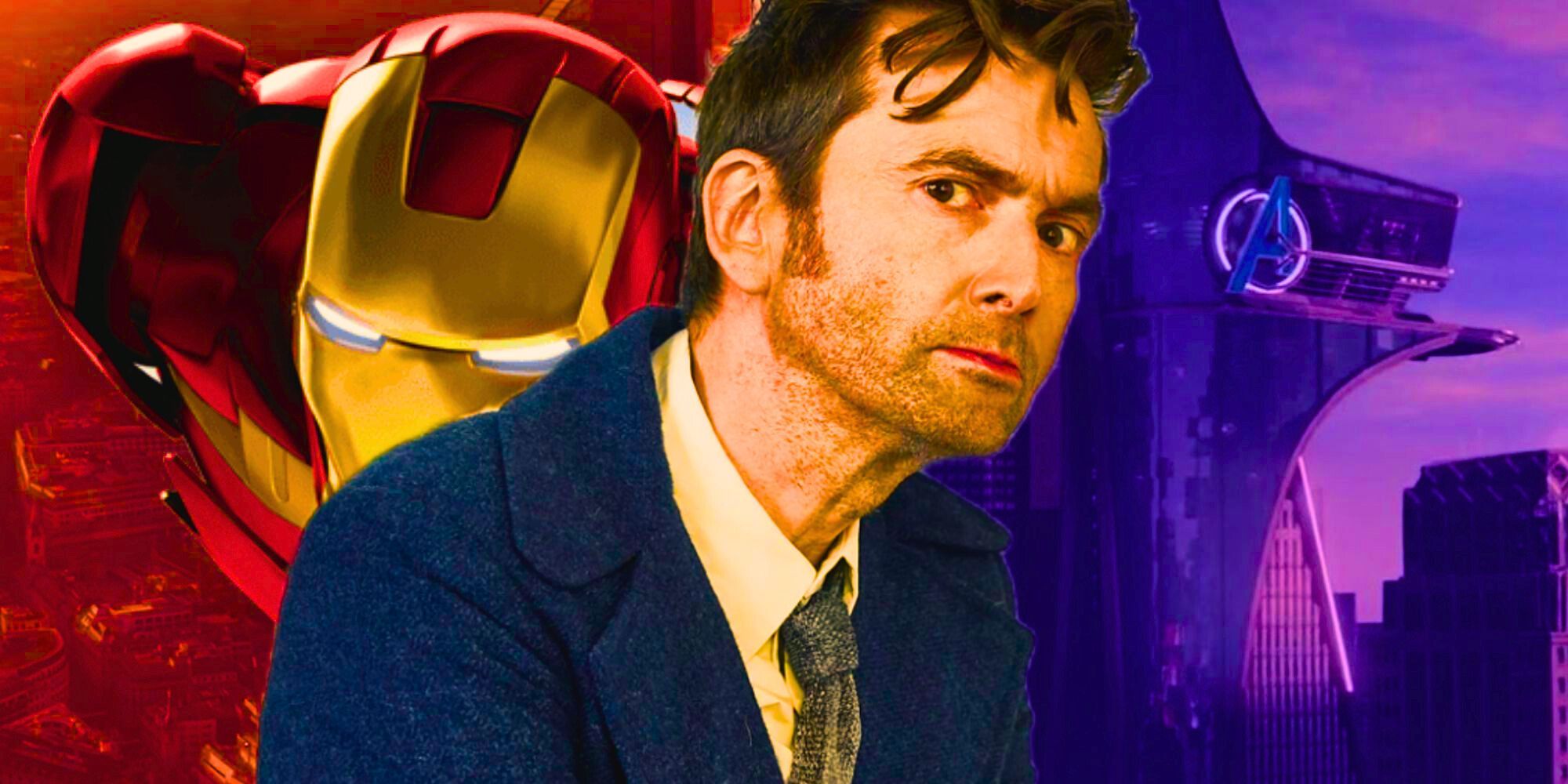 David Tennant as the Fourteenth Doctor with Iron Man and Avengers Tower behind him