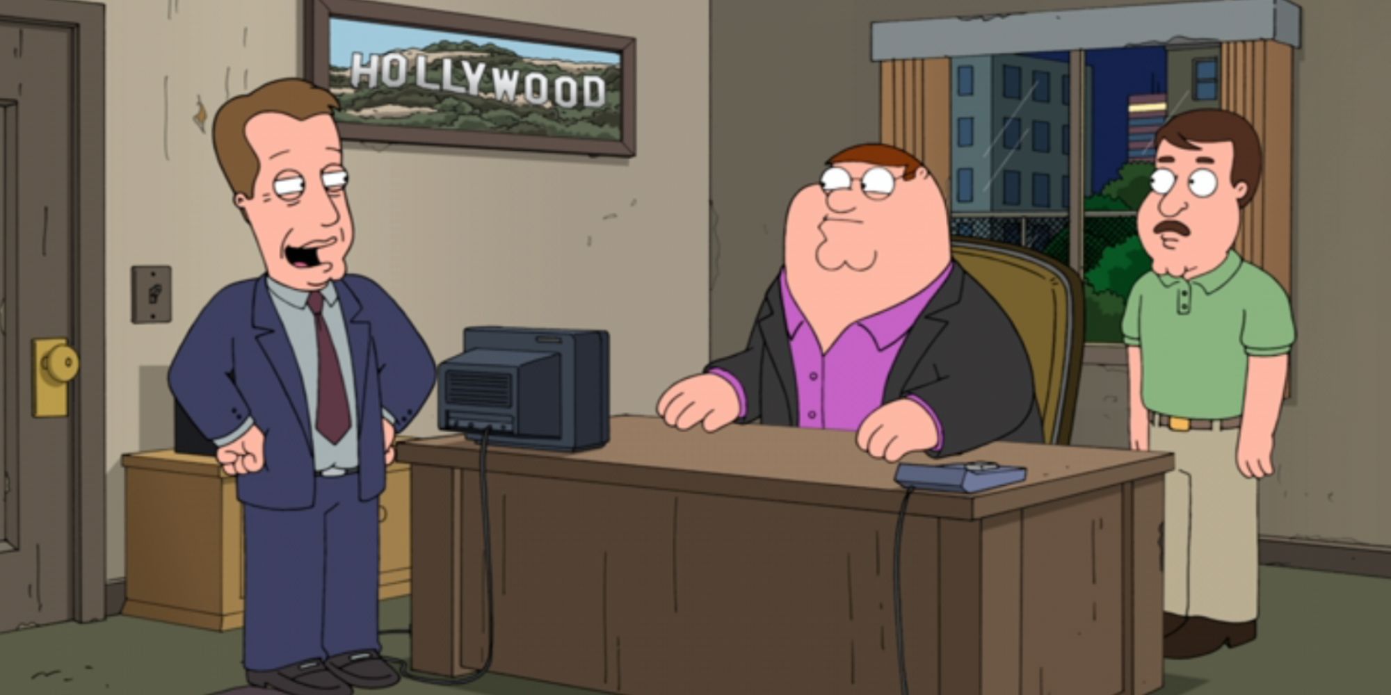James Woods, Peter Griffin, and Tom Tucker in a run-down agent's office in Family Guy