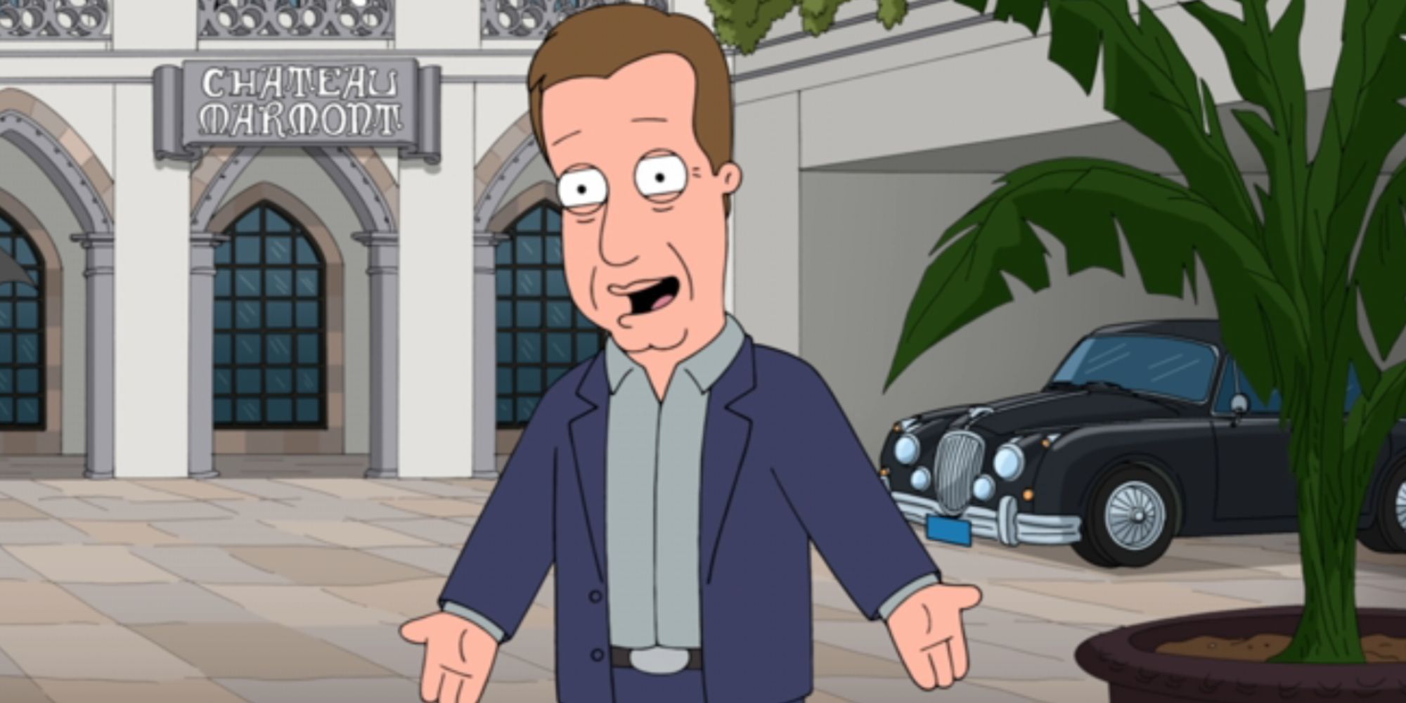 James Woods smiling outside a hotel in Family Guy with his arms open wide