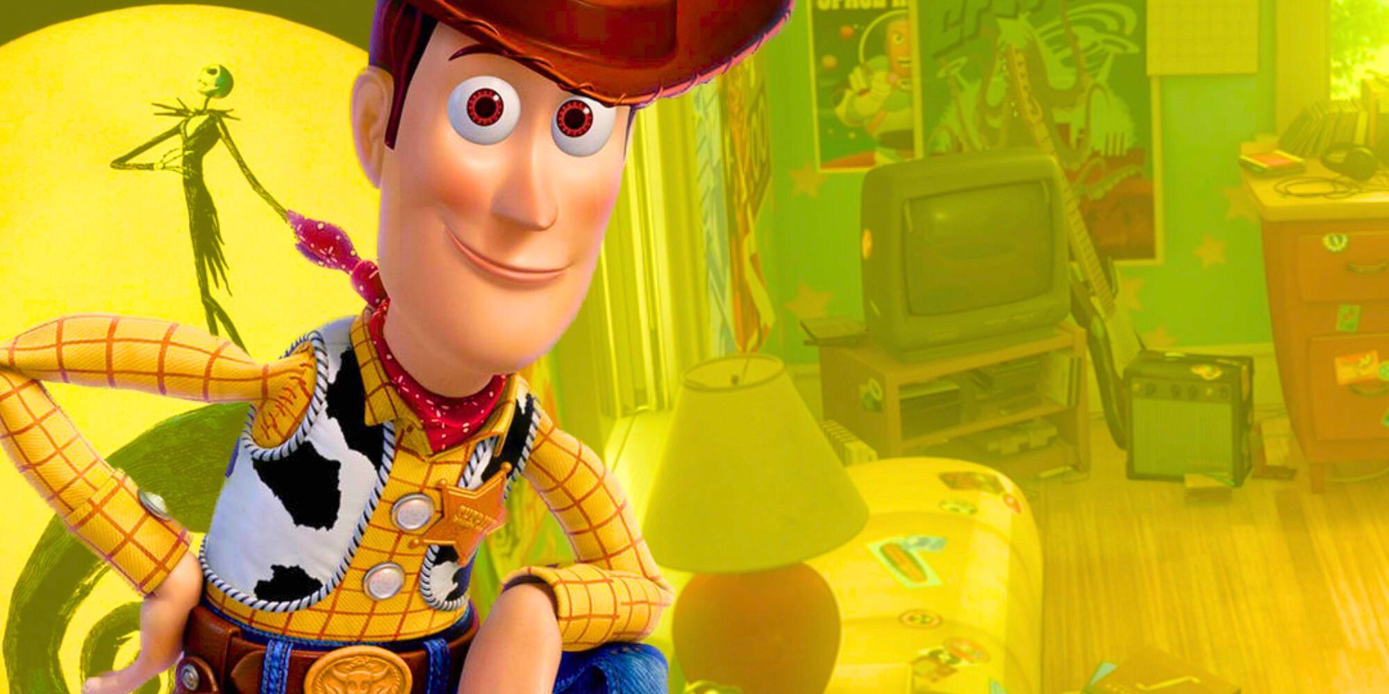 Toy Story's Woody against a blended backdrop of The Nightmare Before Christmas and Toy Story 3