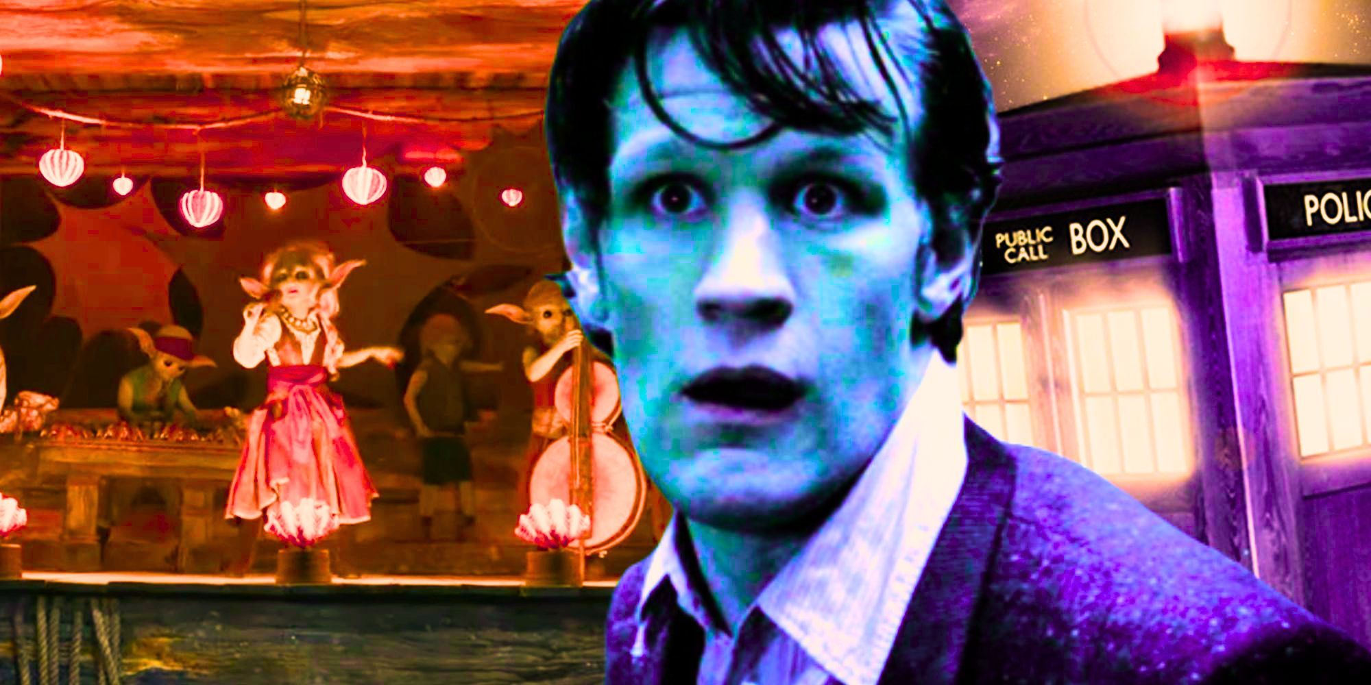 Matt Smith's Eleventh Doctor looking scared against a blended backdrop of Doctor Who's goblins and the TARDIS