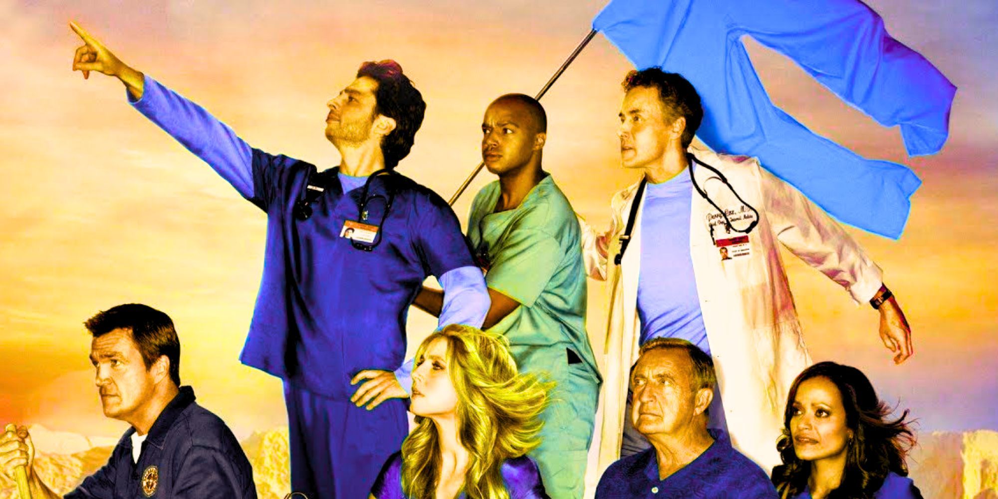 The cast of Scrubs looking to the left as the pretend to sail a ship with a pair of pants as a flag