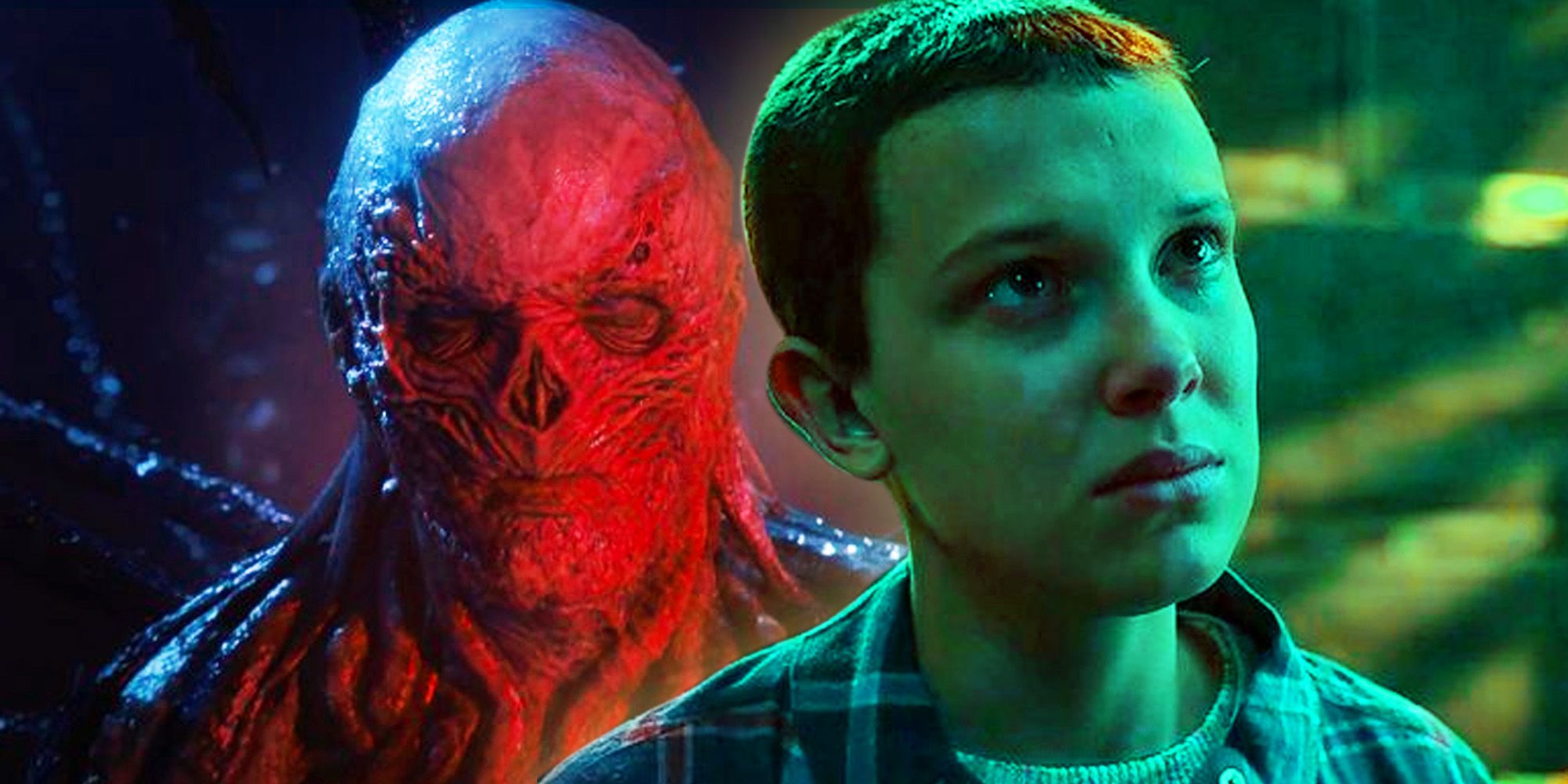 Collage of Vecna (Jamie Campbell Bower) and Eleven (Millie Bobby Brown) in season 4 of Stranger Things