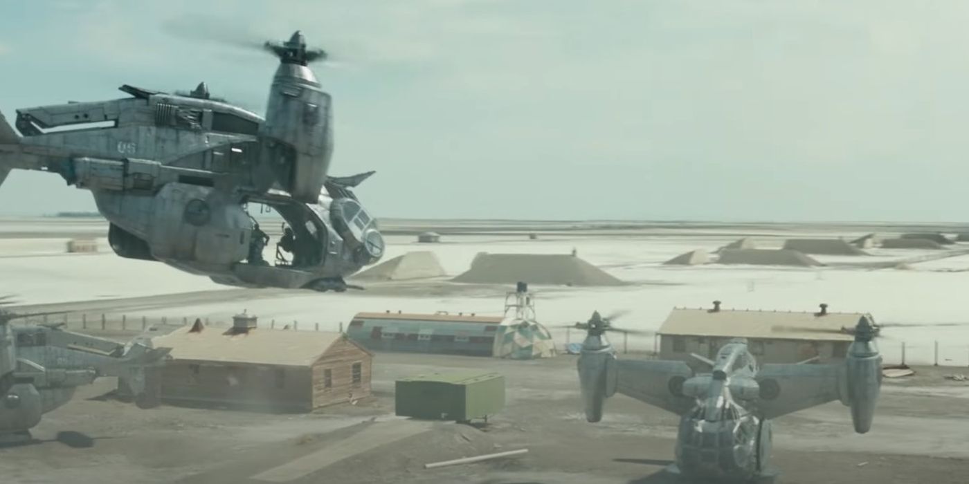 Vertibirds lifting off in the Fallout TV show