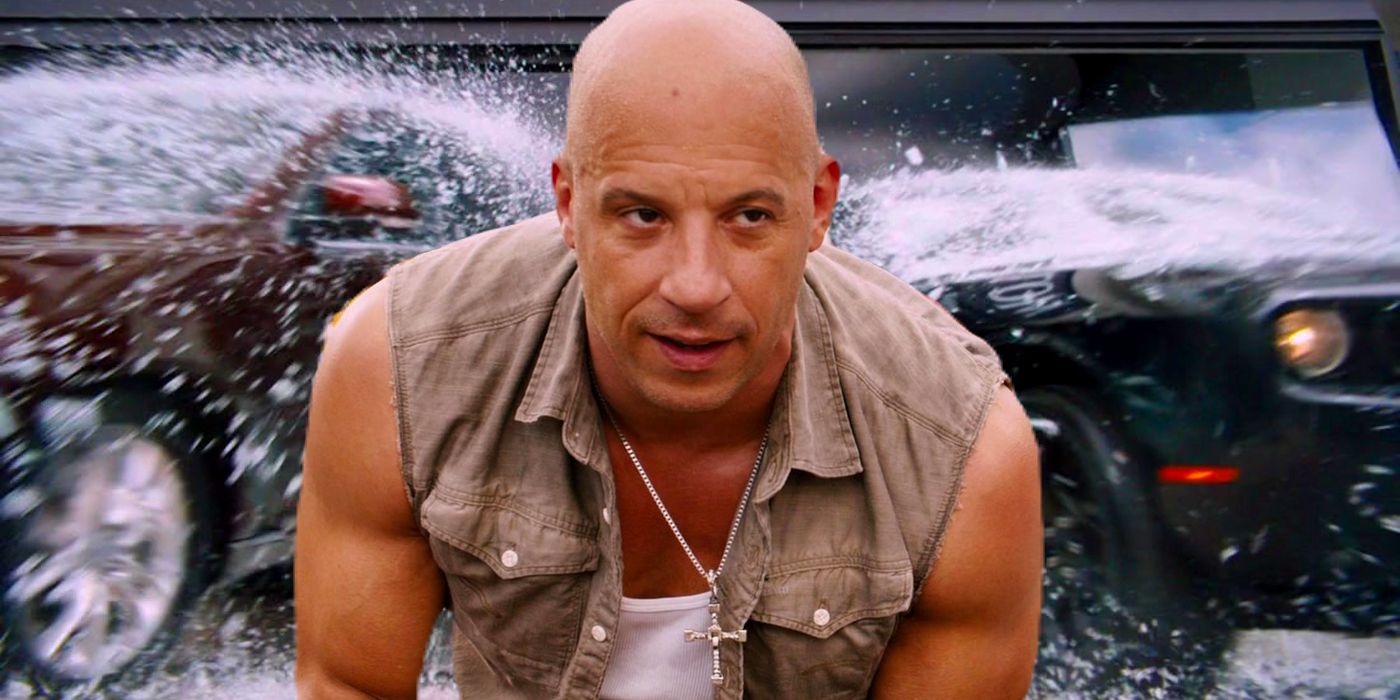 Vin Diesel as Dom Toretto from The Fate of the Furious in Front of Two Cars Smashing Through Windows
