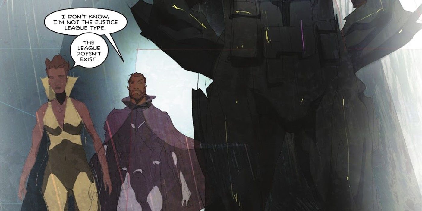 Comic book panel: Vixen reminds Deadeye Archie Waller that the Justice League does not exist.
