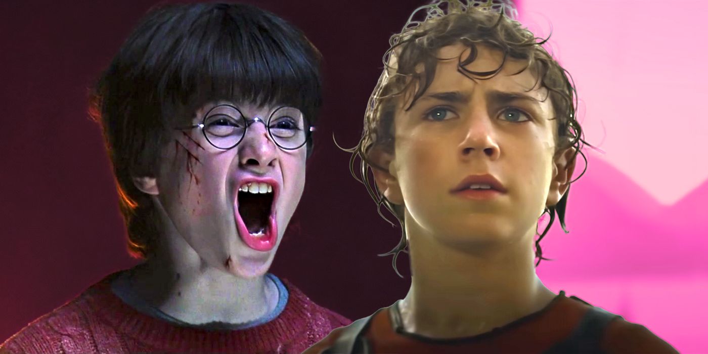 Walker Scobell as Percy Jackson and Daniel Radcliffe as Harry Potter looking intense