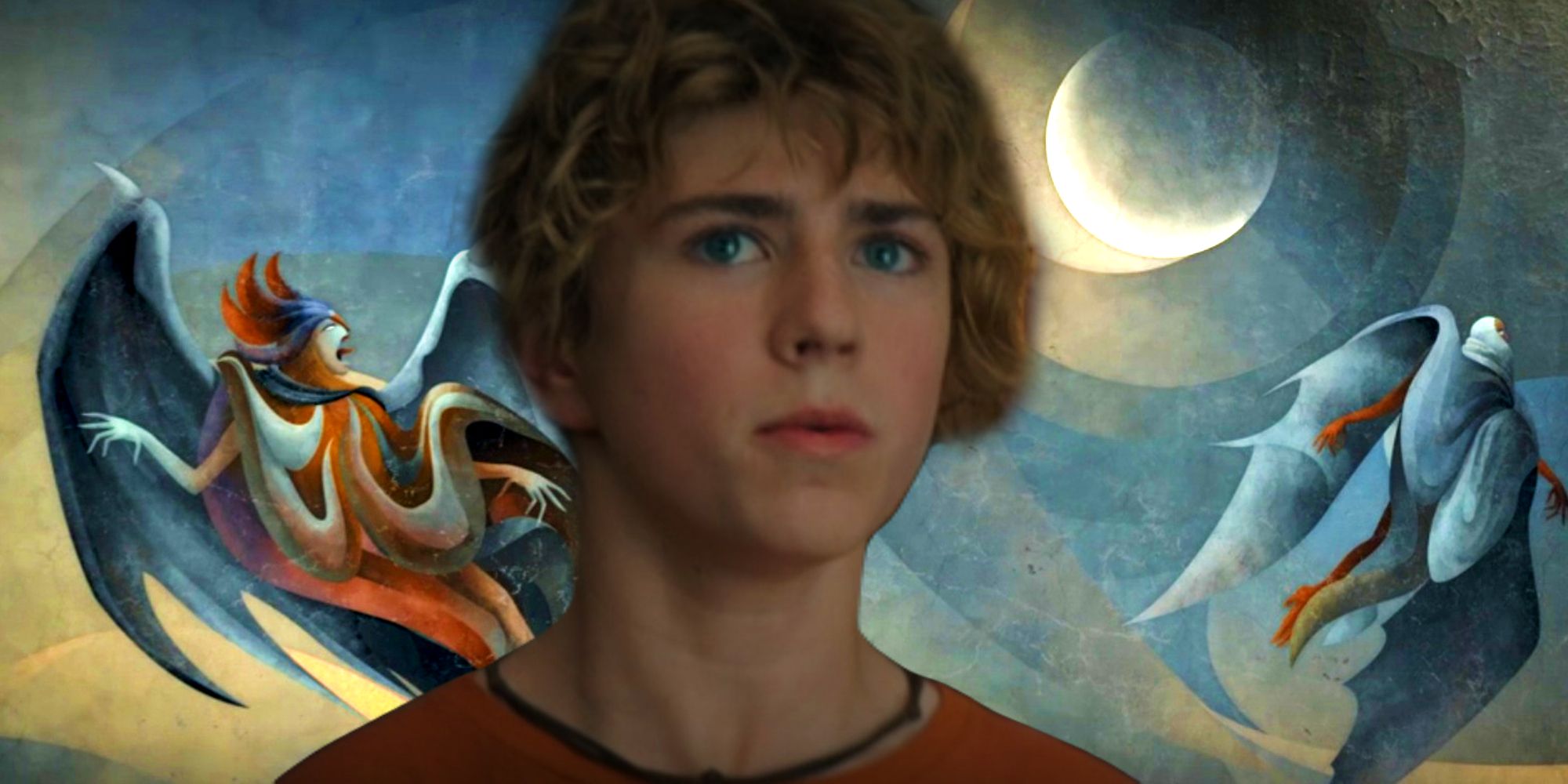 Walker Scobell looking confused as Percy Jackson above an image of the Furies from Percy Jackson and the Olympians' end-credits sequence
