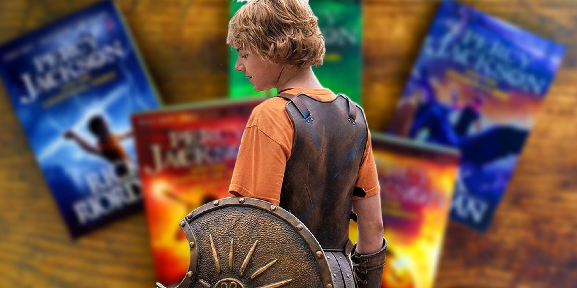 Walker Scobell as Percy Jackson holding a shield in the Disney+ show atop a blurred image of the Percy Jackson book series