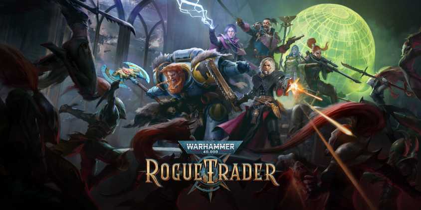 Warhammer 40000 Rogue Trader Key Art featuring the main cast shooting at approaching Eldar.
