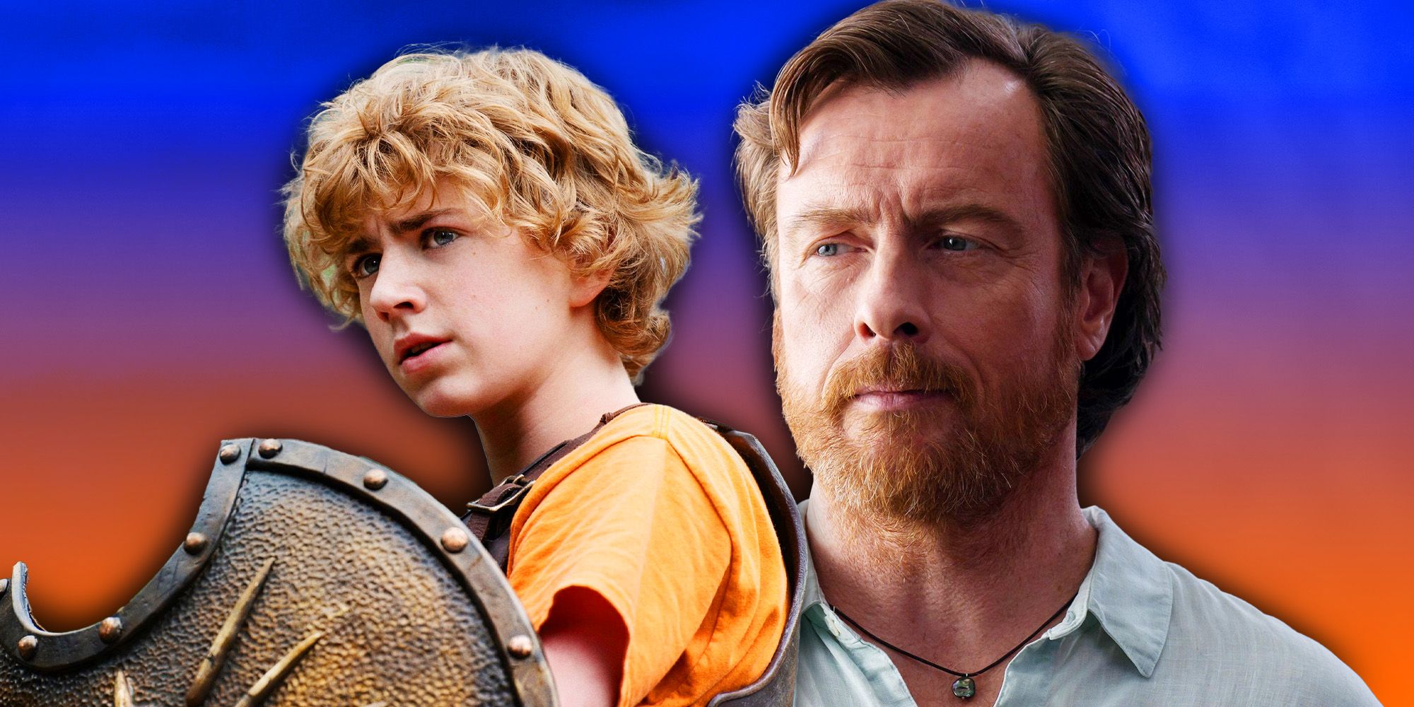 Walker Scobell as Percy Jackson holding a shield and Toby Stephens as Poseidon in Percy Jackson & the Olympians