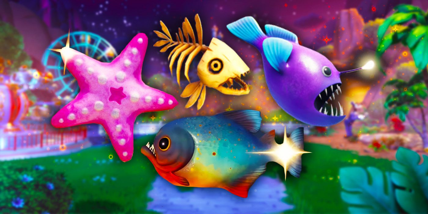 Various kinds of fish that are laid over a Disney Dreamlight Valley background that is blurred.