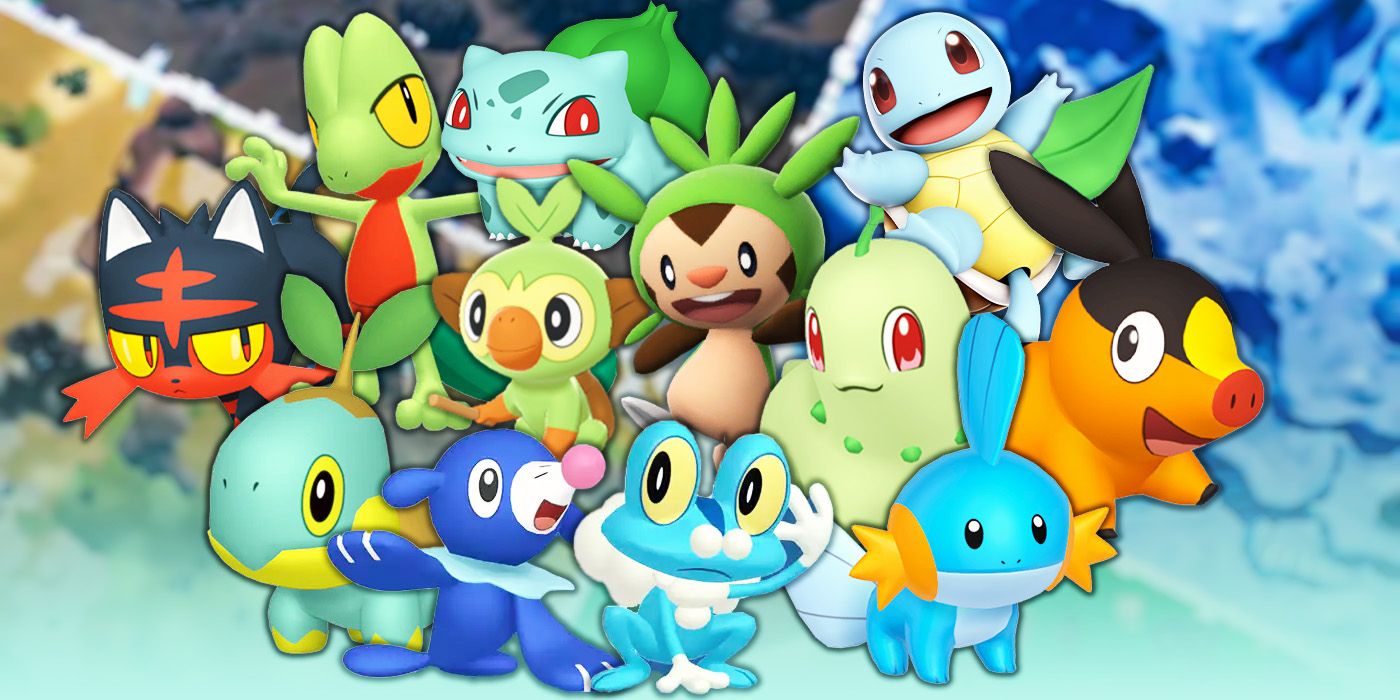 Starter Pokemon, inclding Turtwig, Popleo, Froakie, Mudkip, Grookie, Bulbasaur, Squirtle, and Litten.