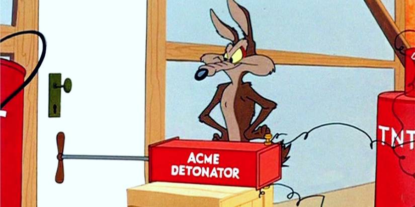 Wile E Coyote from Looney Tunes with an Acme detonator