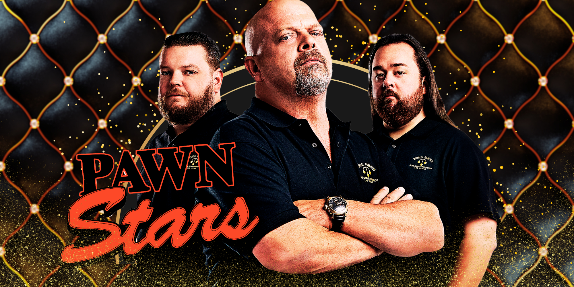 Pawn Stars Cast Rick Harrison, Corey Harrison and Chumlee posing with menacing looks and folded arms for promo