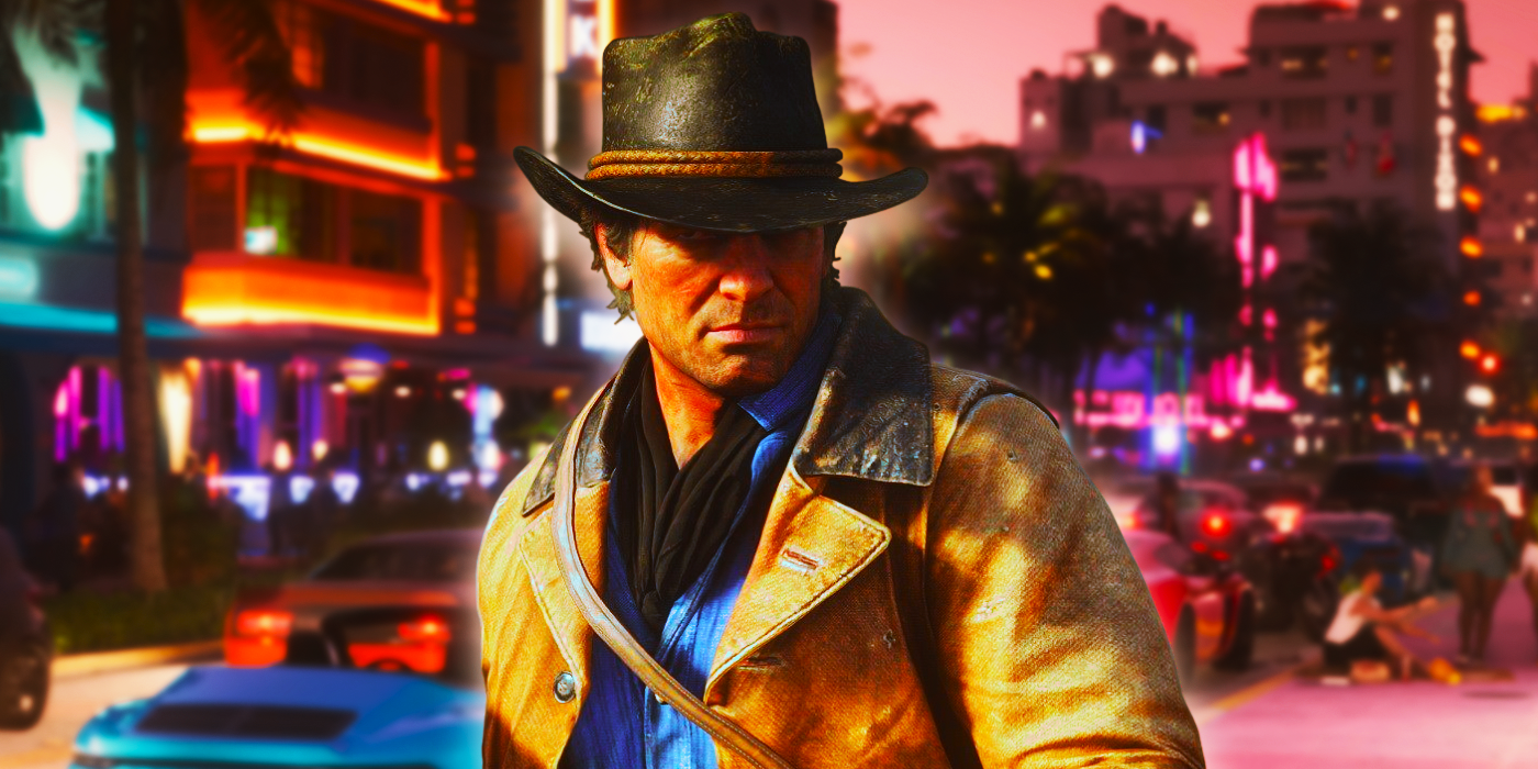 Arthur Morgan from Red Dead Redemption 2 in front of a cityscape from the GTA 6 trailer 