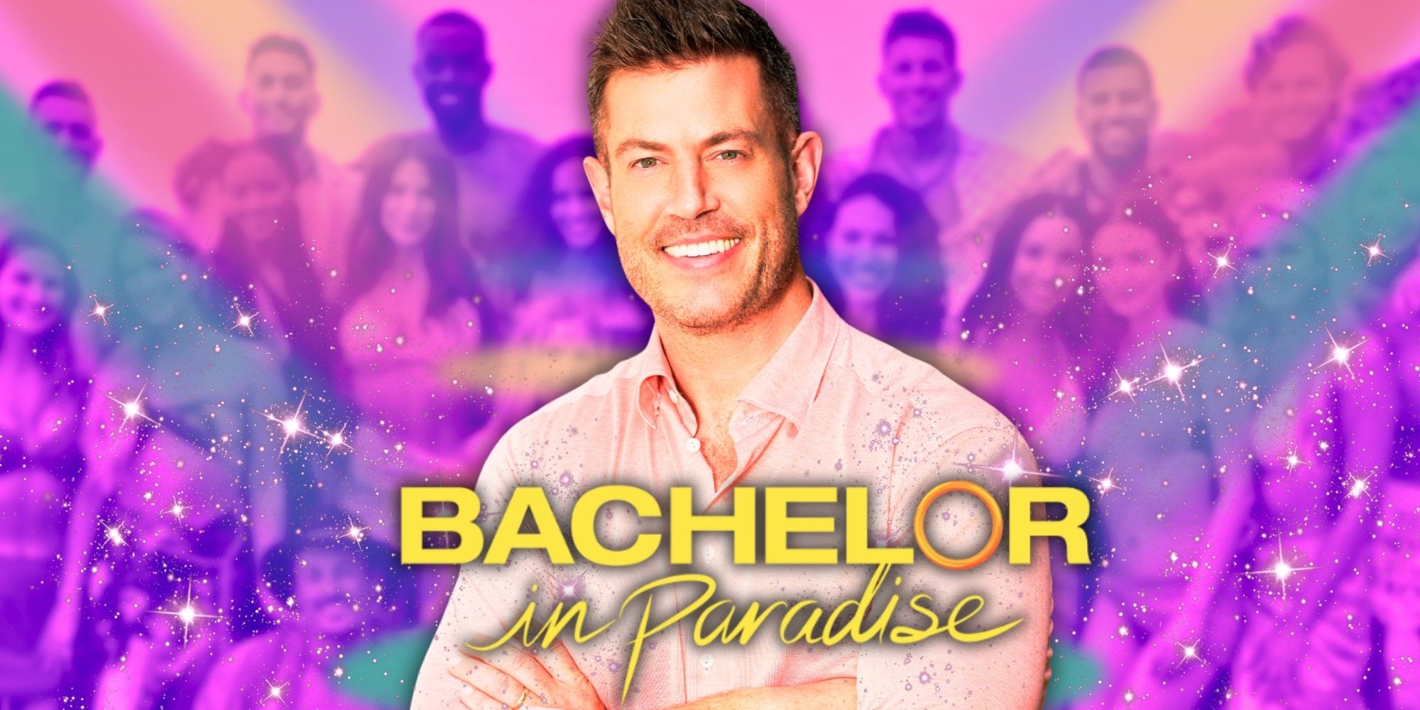 Jeese Palmer smiles in front of a photo of the Bachelor In Paradise season 9 cast.