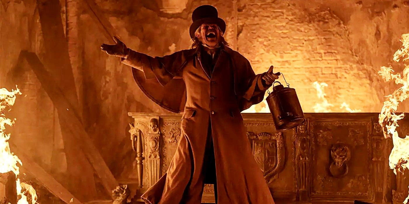 Willem Dafoe as Albin Eberhart von Franz yelling inside a burning church in Nosferatu 