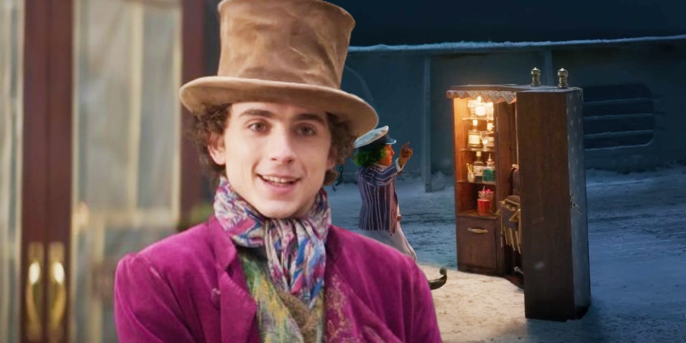 Willy Wonka (Timothée Chalamet) smiling juxtaposed with an Oompa Loompa (Hugh Grant) opening a travel case in Wonka.
