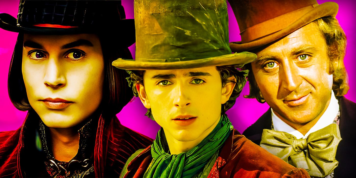 Johnny Depp, Timothee Chalamet, and Gene Wilder as Willy Wonka