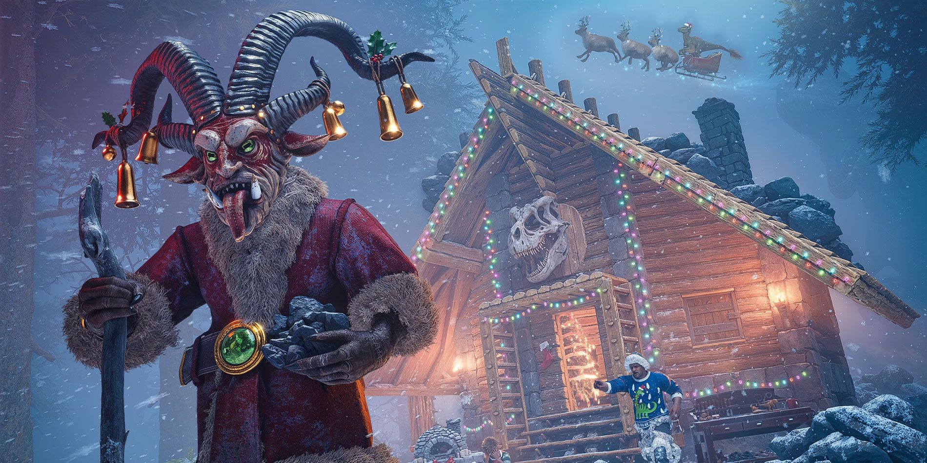 A Krampus beast with his tongue sticking out and a man in a house behind him. 