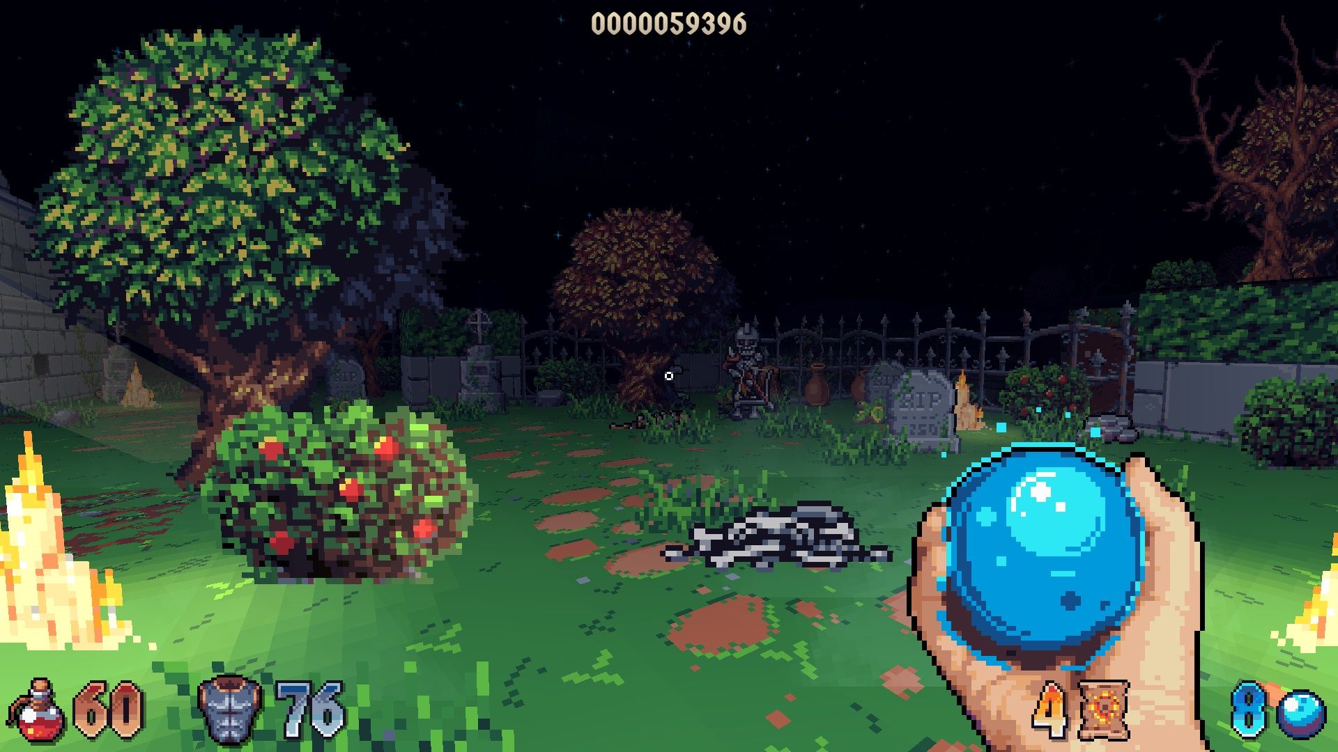 A cemetary-themed Wizordum level at night with the player holding a blue orb.