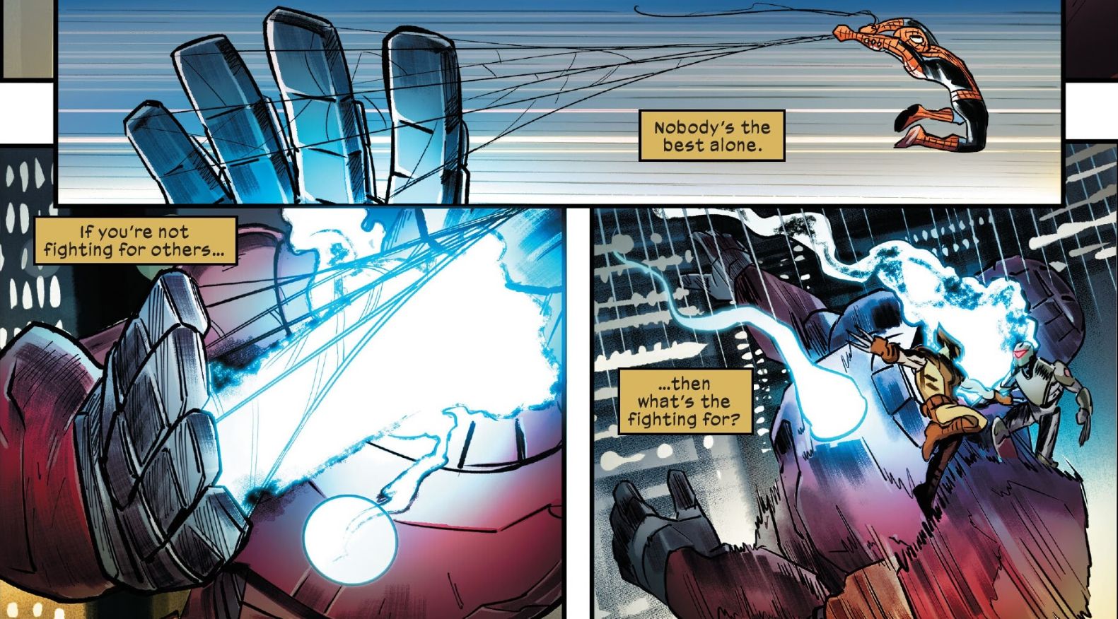 Spider-Man webs up a Sentinel’s hand, making it blast itself, while Wolverine fights its Wolverine-clone pilot; his inner monologue expresses that “nobody’s the best alone” and “if you’re not fighting for others, then what’s the fighting for?"