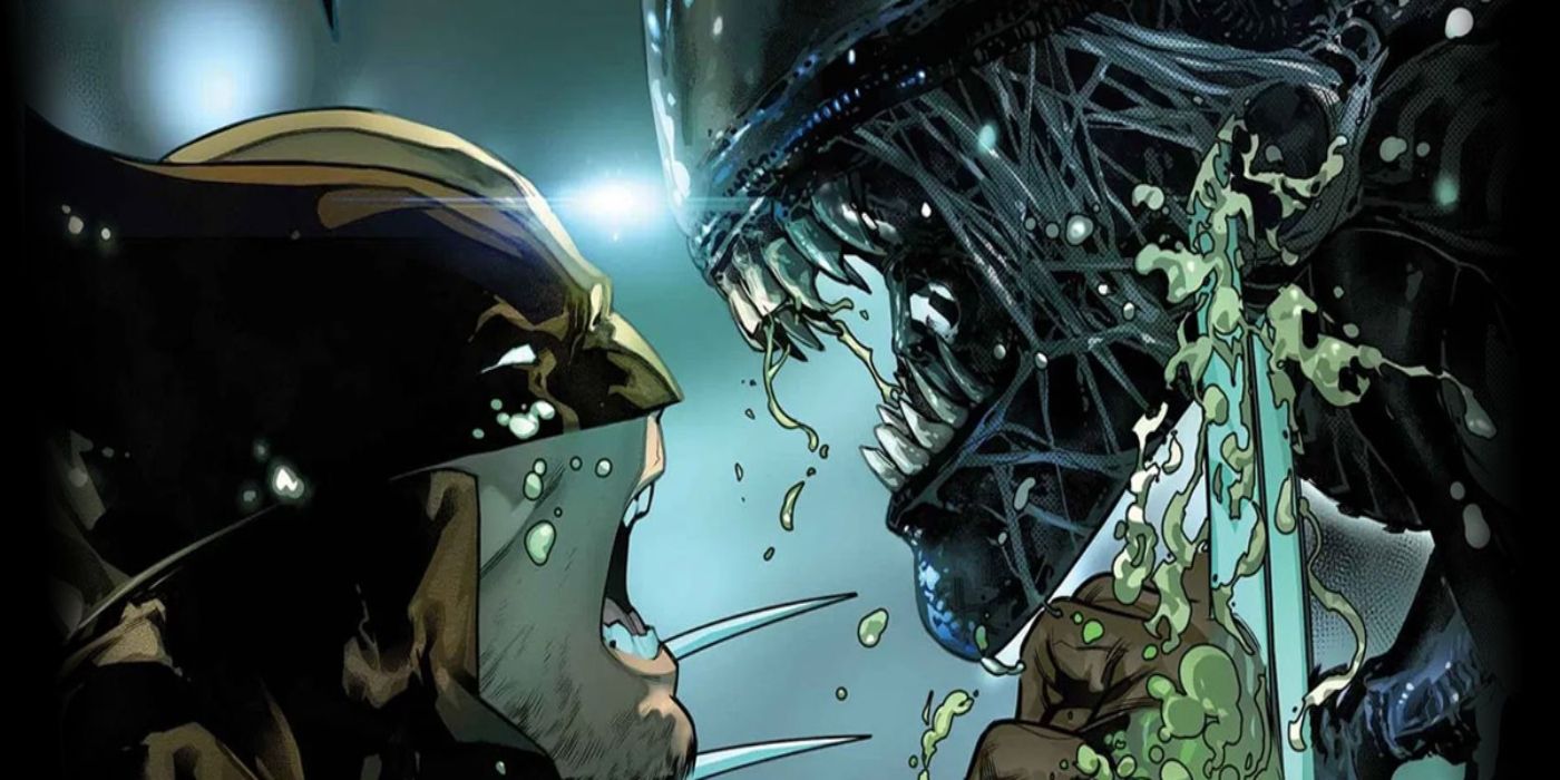 Wolverine stabbing a Xenomorph in the head.
