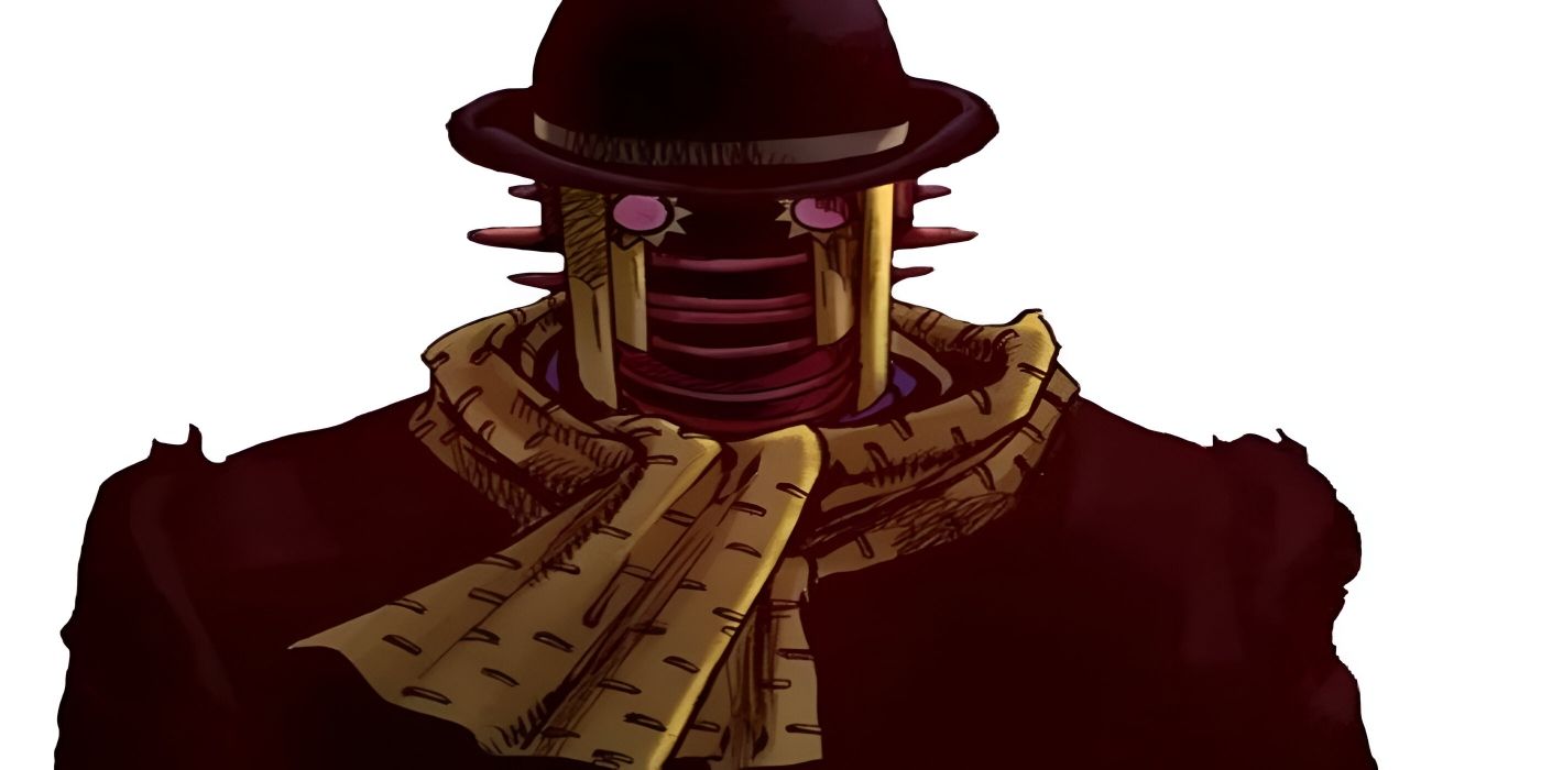 A mechanical creature with red eyes, fedora, and yellow scarf stares ahead.